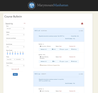 Marymount Manhattan College Course Listings